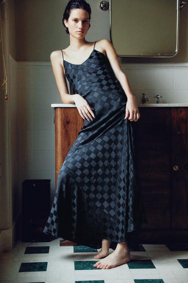 VESTIDO JACQUARD SEDA 100% ROMBOS - Azul de Zara