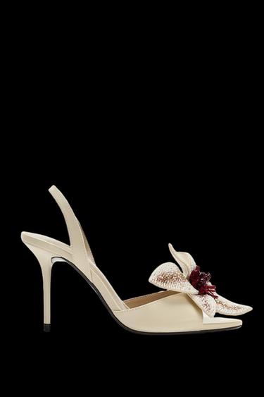 HEELED SANDALS WITH FLORAL DETAIL - Ecru White by Zara - Image 0