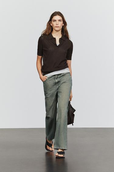 Zara Cotton blend open-knit polo shirt - Brown - Image 0