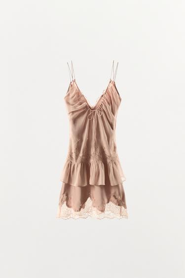 ROBE DOUBLE EN MATIÈRES VARIÉES ET DENTELLE - Rose pâle de Zara - Image 3