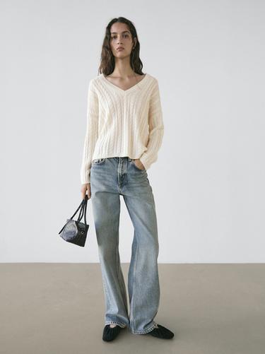 Zara Cable-knit V-neck sweater - Ecru - Image 0