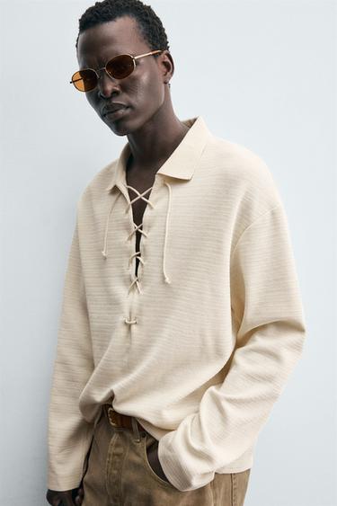 TEXTURED DRAWSTRING POLO SHIRT - Oyster-white by Zara - Image 5