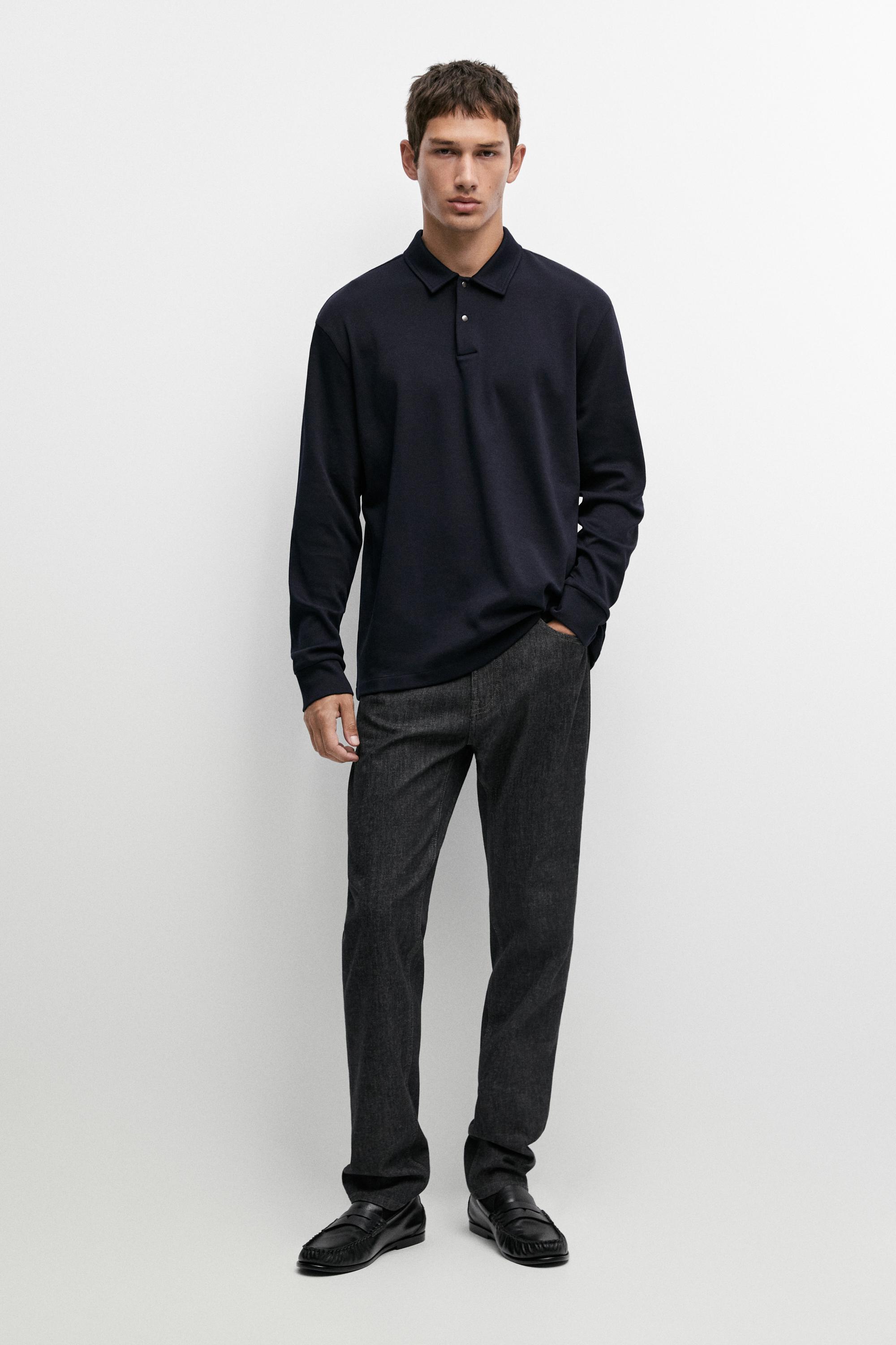 100% cotton long sleeve polo shirt — Ink blue