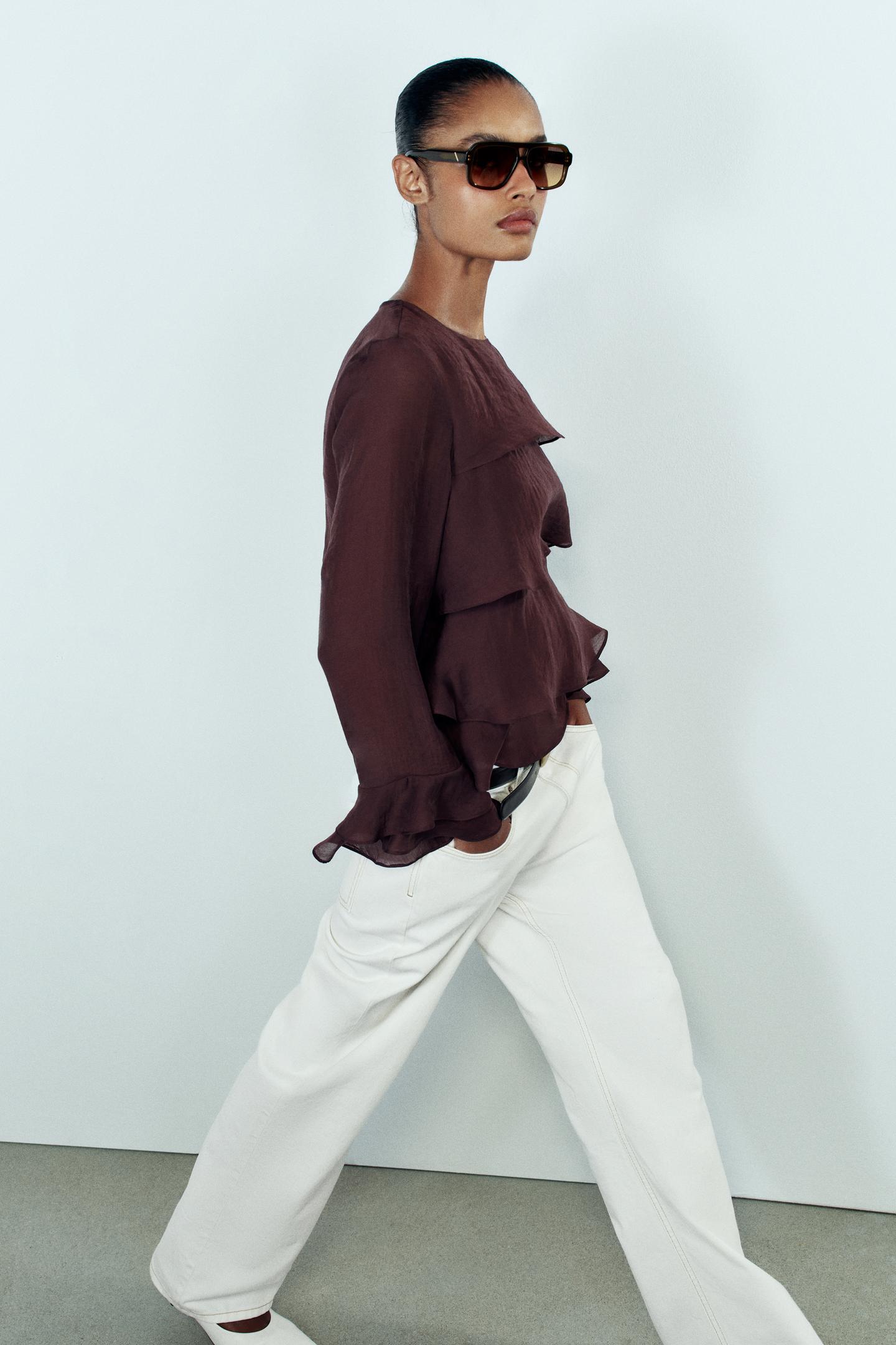 Женская рубашка Zara Ruffle, цвет: Бордовый — фото 3