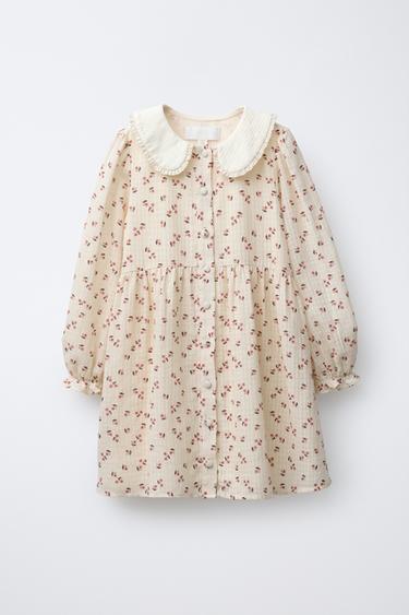 Zara CONTRAST COLLAR FLORAL DRESS - Ecru
