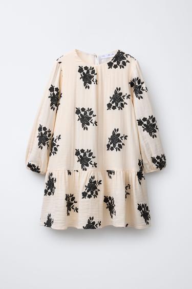 Zara EMBROIDERED FLORAL DRESS - Ecru
