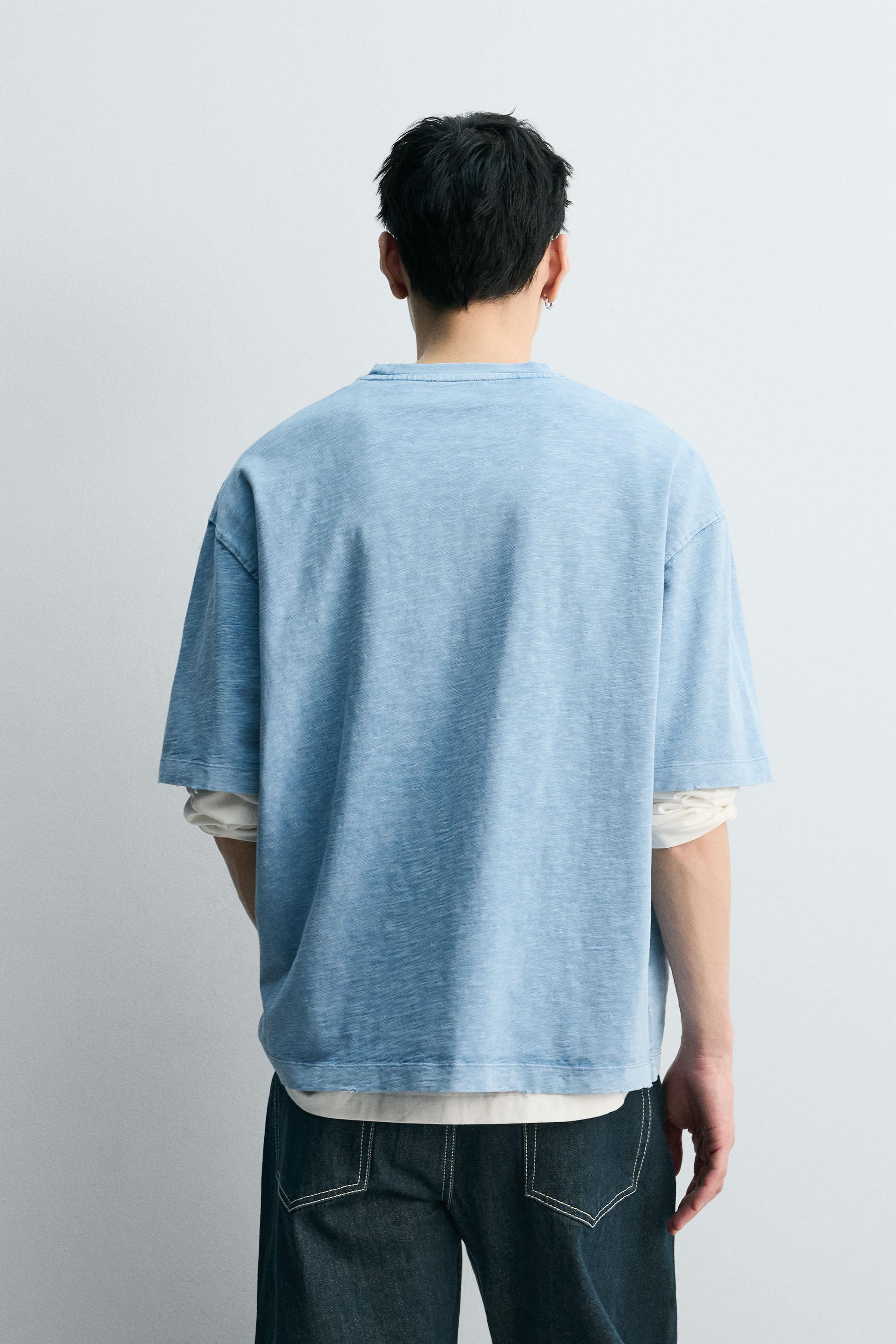 RELAXED FIT SLUB KNIT WASHED T-SHIRT - Blue | ZARA Turkey