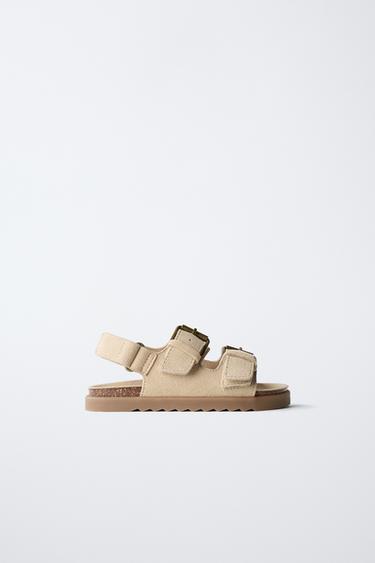 Zara LEATHER BUCKLE SANDALS - Sandy Brown