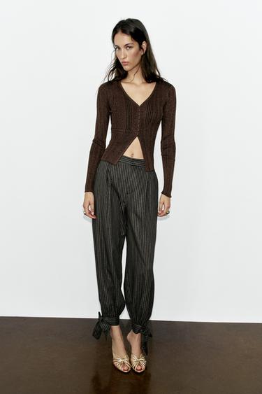 METALLIC THREAD SAROUEL TROUSERS WITH BOWS - Black / Green by Zara - Image 0