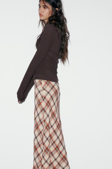 Zara PLAID MIDI SKIRT - Beige / Taupe brown