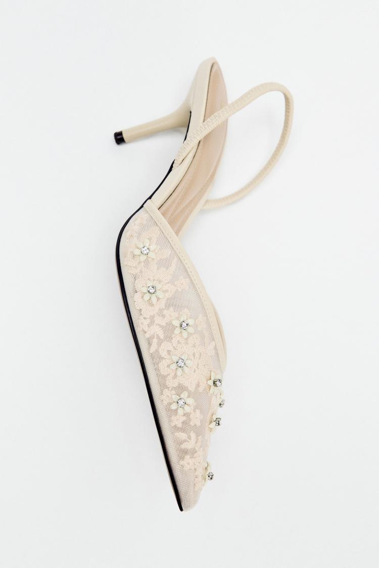 MESH EMBELLISHED SLINGBACK HEELS — White