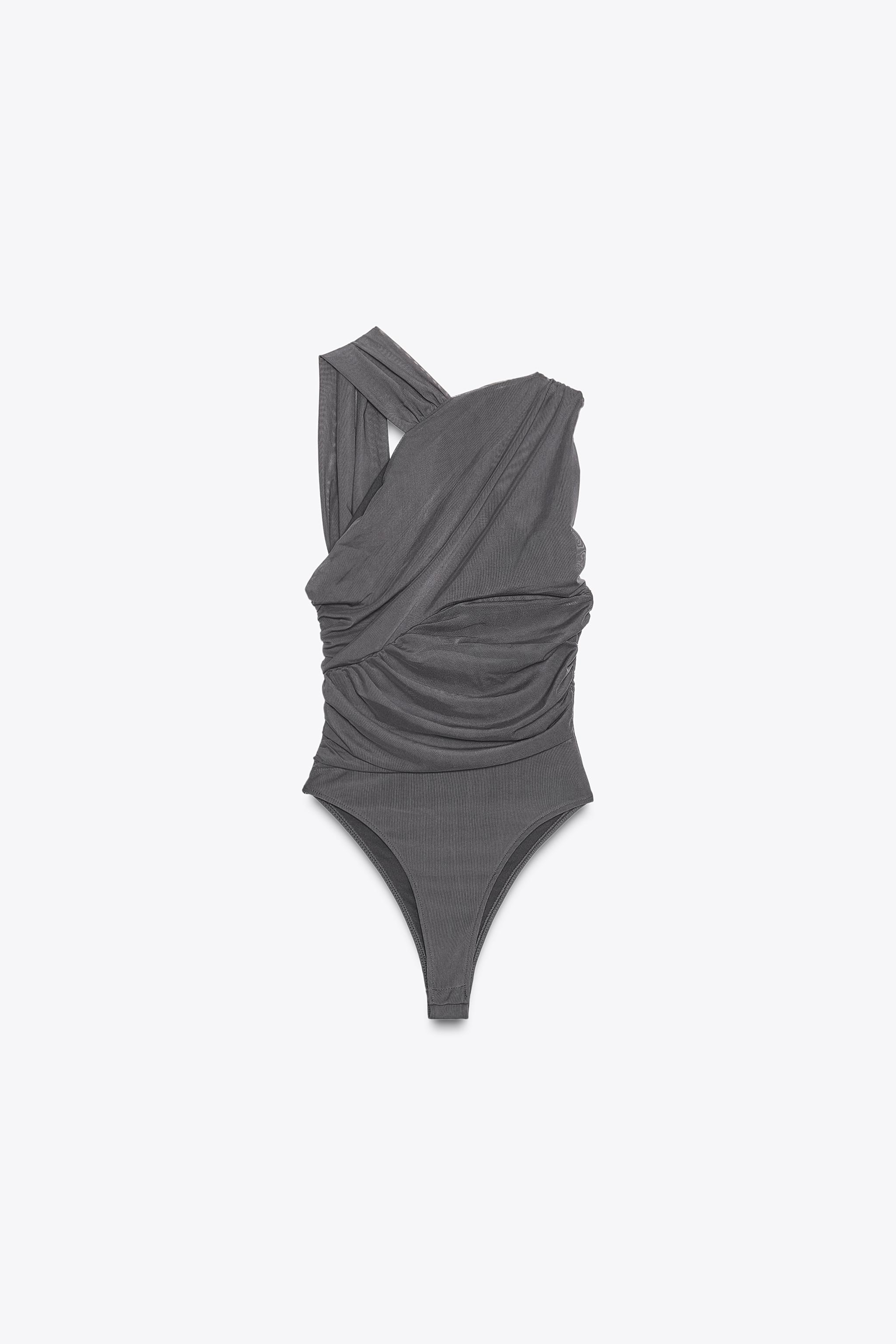 DRAPED ASYMMETRIC TULLE BODYSUIT - Dark brown | ZARA Japan