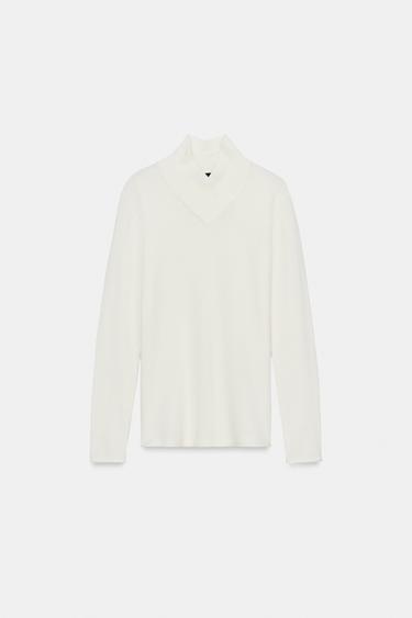 SWEATER I ULDBLANDING MED KRYDSENDE HØJ HALS - råhvid fra Zara