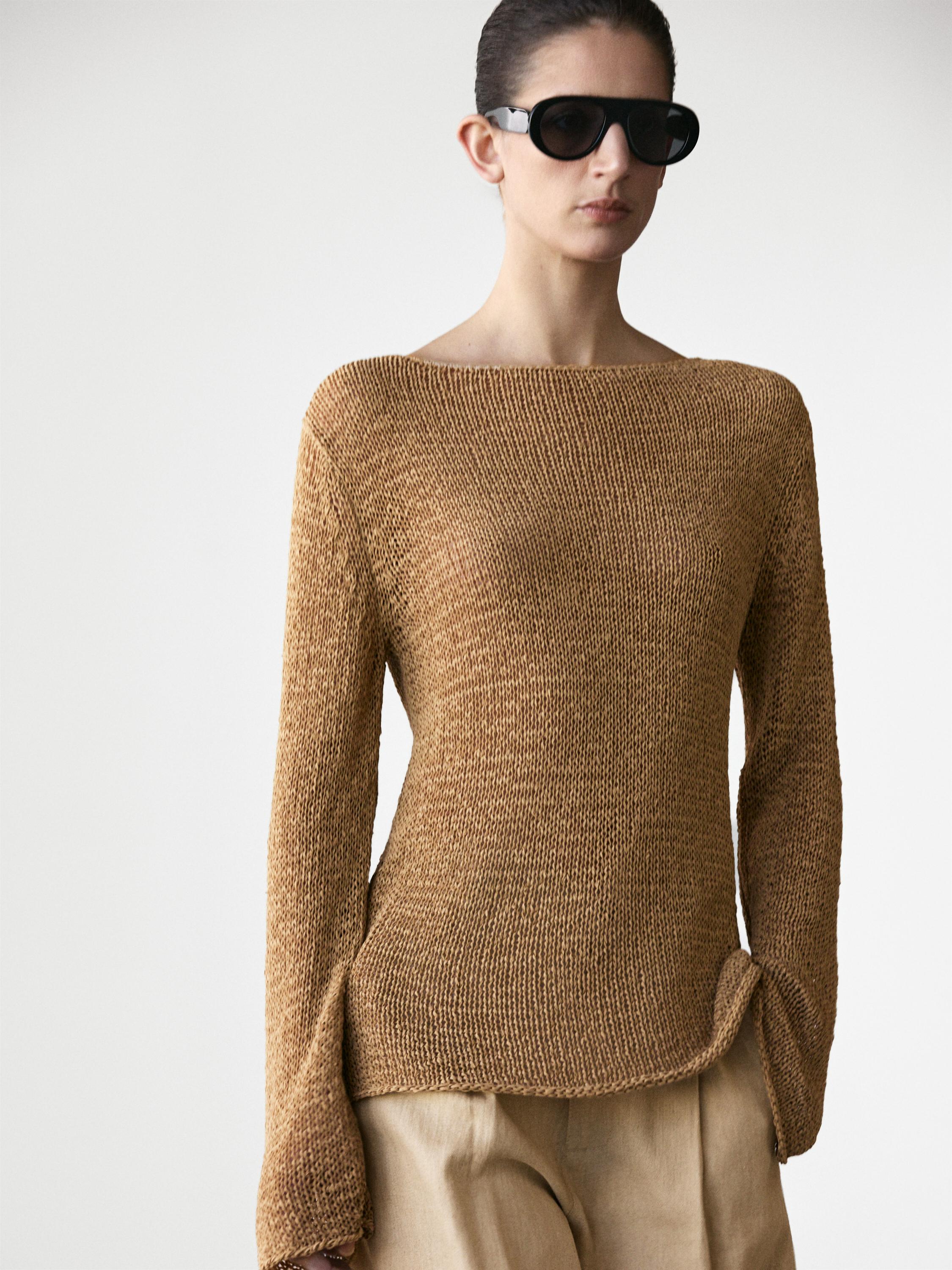 Cotton blend knit boat neck sweater — taupe brown