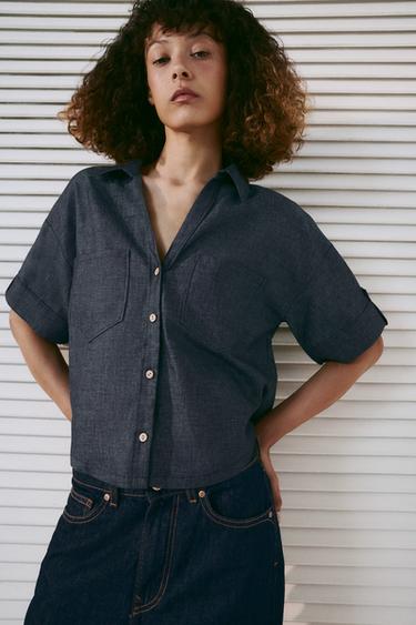 Zara DENIM EFFECT BUTTONED CROPPED SHIRT - Indigo