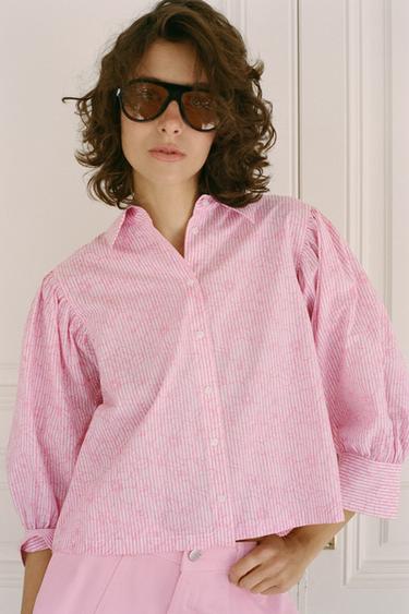 STRIPED FLORAL PRINT SHIRT - Pink / White by Zara