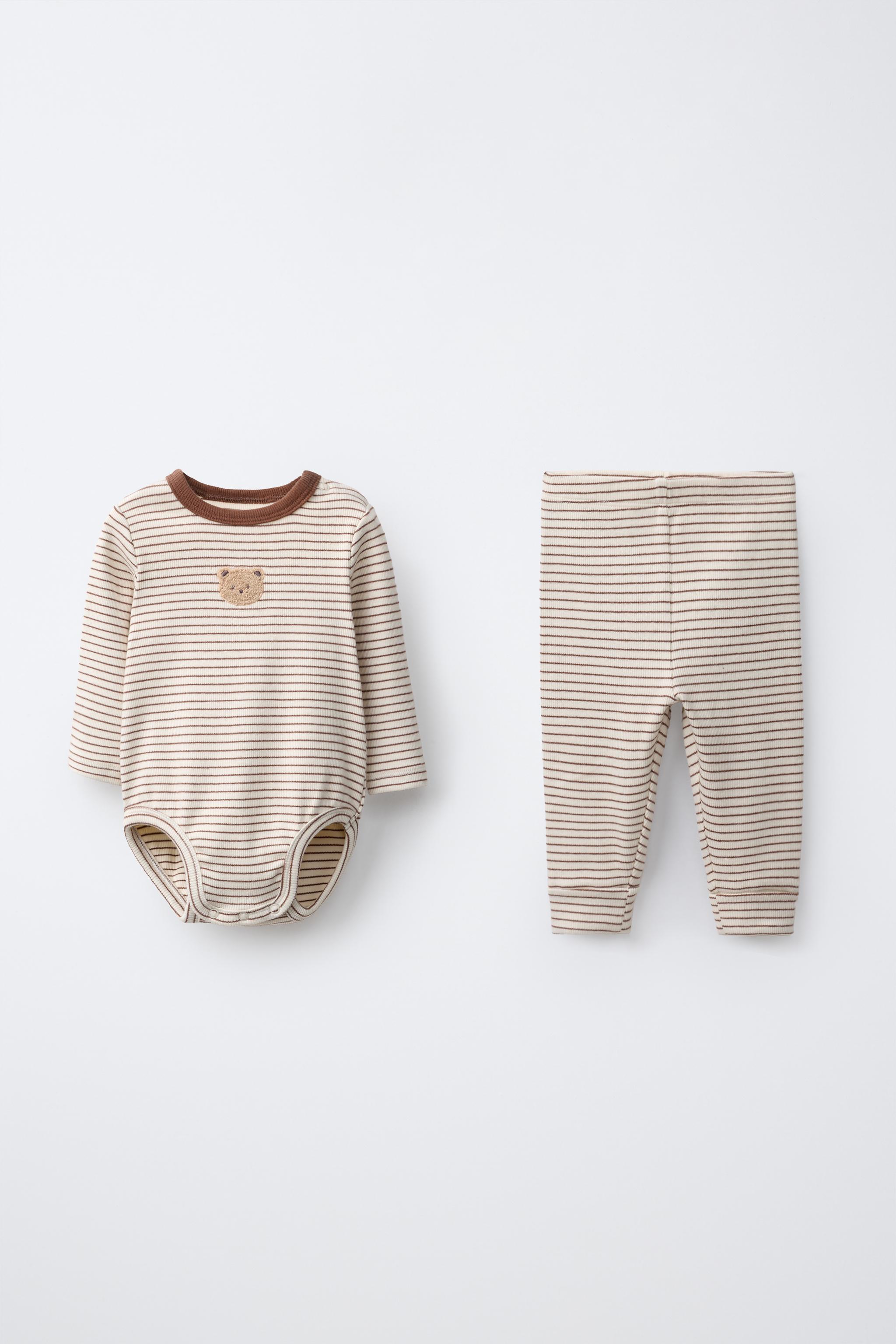 STRIPED EMBROIDERED BODYSUIT AND LEGGINGS SET — Brown
