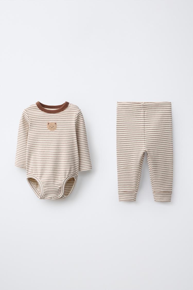 STRIPED EMBROIDERED BODYSUIT AND LEGGINGS SET — Brown