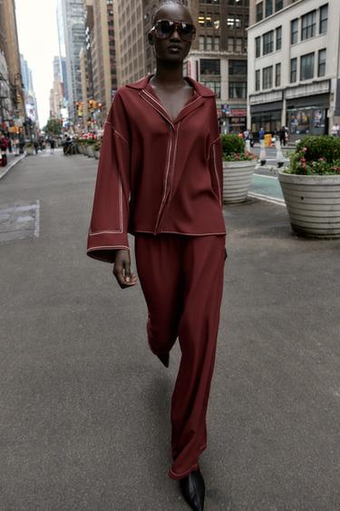 WIDE-LEG TROUSERS WITH CONTRAST TOPSTITCHING - Brick by Zara