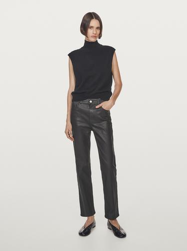 Zara High-waist straight-leg waxed trousers - Black