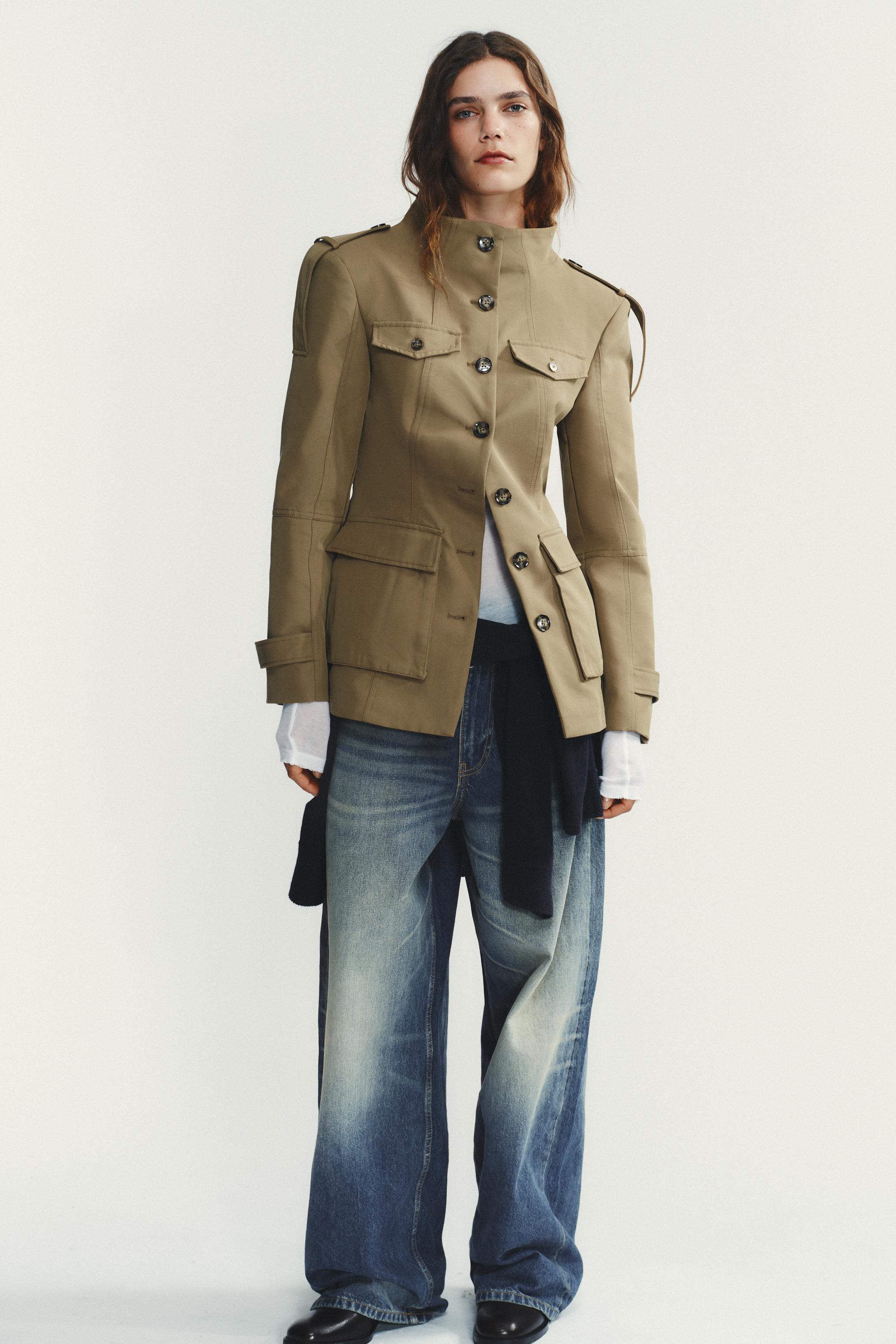 ZARA ザラ　ボタン留めテーラードコート　グリーン s□ザラ/ZARA ダブルボタン JKT/金ボタン コート【USA S】緑