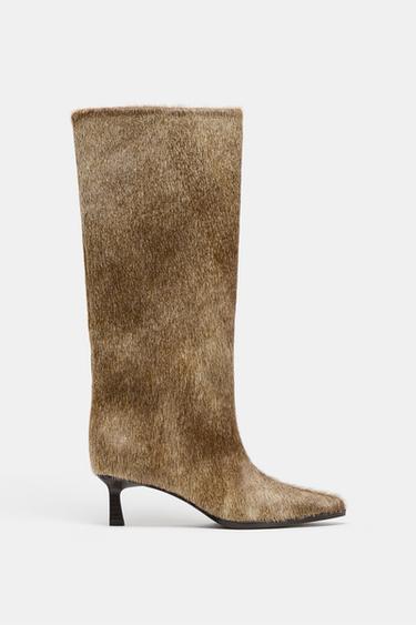 Zara LEATHER KITTEN HEEL BOOTS - white