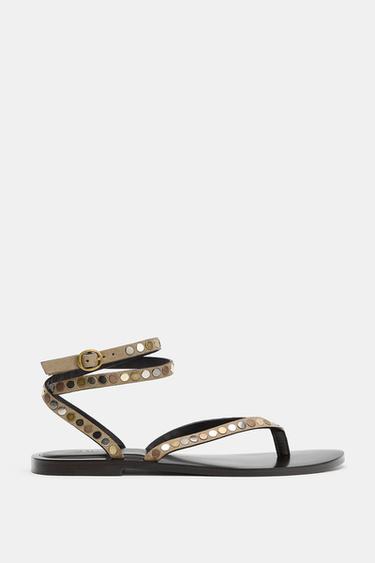 Zara STUDDED LEATHER SANDALS - Beige