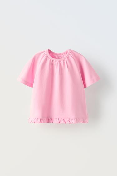 Zara RUFFLED RAGLAN T-SHIRT - Pink