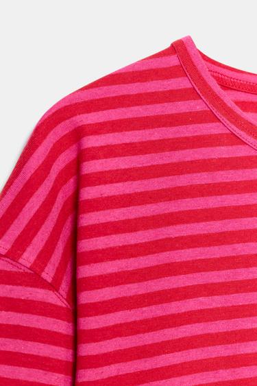 T-SHIRT À RAYURES EN COTON ET LIN - Rose / Lilas de Zara - Image 4