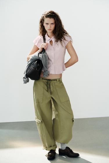 ÁO SƠ MI KẺ DÁNG PEPLUM - Màu hồng từ Zara