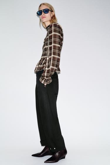 CHECK SMOCKED SHIRT - Brown / Ecru by Zara - Image 3