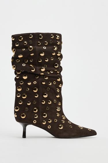 Zara SUEDE STUDDED ANKLE BOOTS - Brown