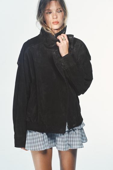 CAZADORA BIKER PIEL ANTE 100% BOTONES FORRADOS - Carbón de Zara