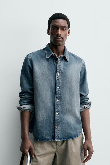 Zara COTTON LYOCELL DENIM OVERSHIRT - Mid-blue