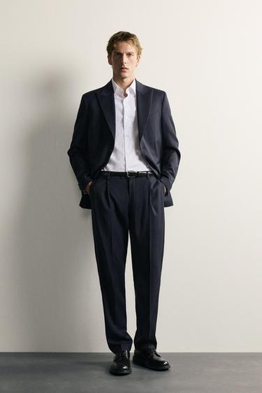 100% WOOL PINSTRIPE REGULAR FIT SUIT BLAZER - Navy blue by Zara