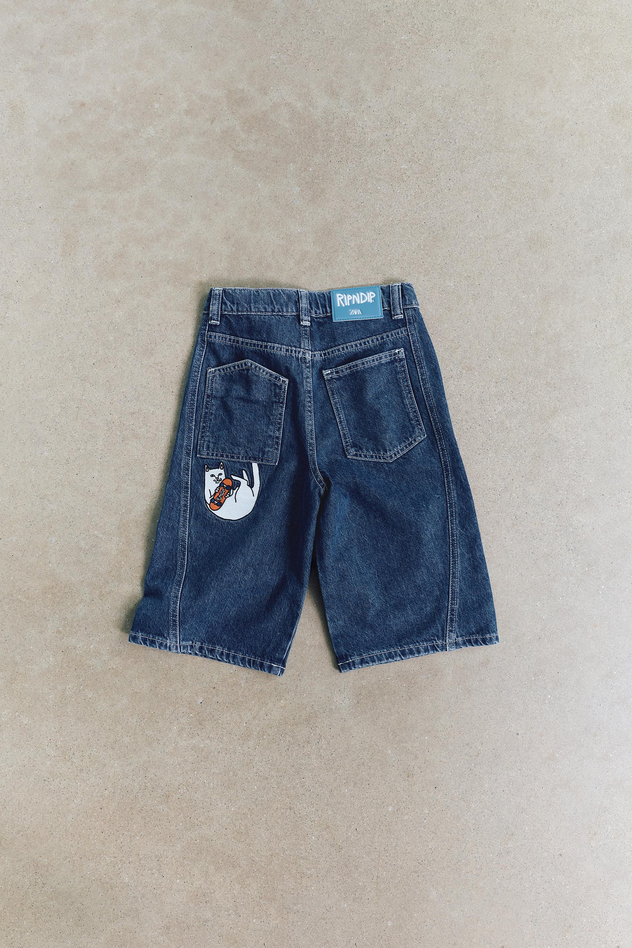 RIPNDIP © X ZARA KIDS EMBROIDERED SKATER DENIM SHORTS — Blue