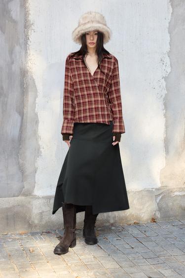 Zara 格紋交叉襯衫 - 卡其色