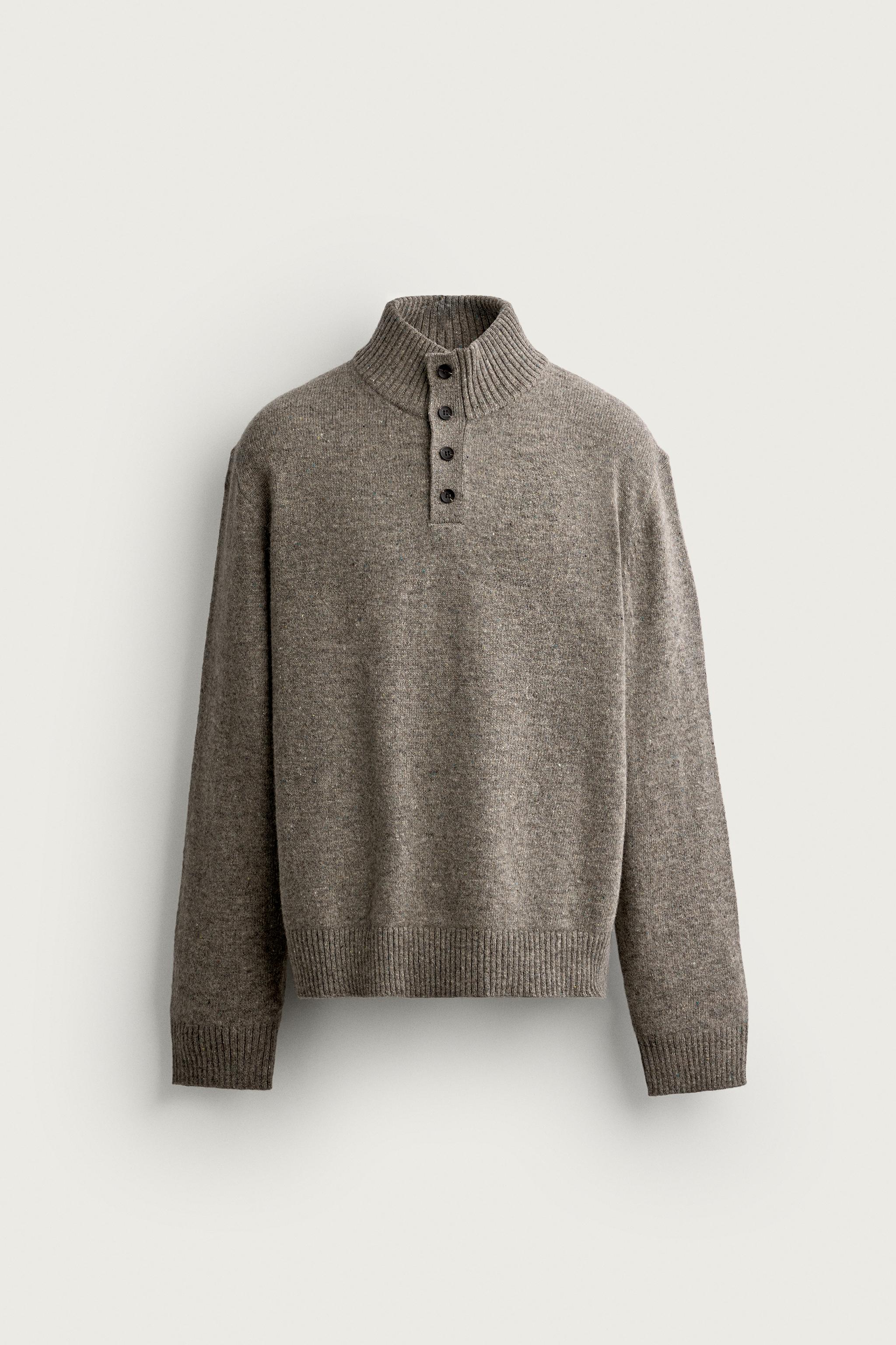 100% WOOL MOCK NECK BUTTON SWEATER