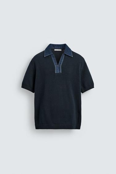 ТРИКОТАЖНО ПОЛО С ДЕНИМ ЯКА - Тъмно морскосиньо от Zara