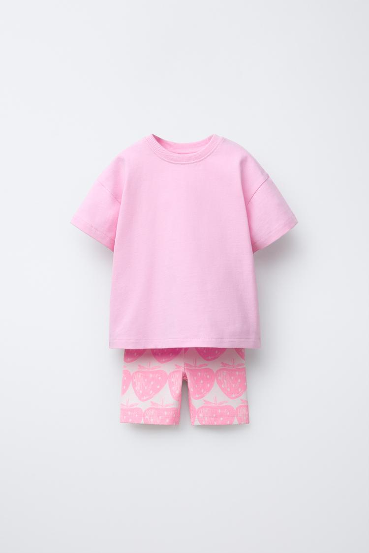 PLAIN T-SHIRT AND PRINTED BIKE SHORTS SET