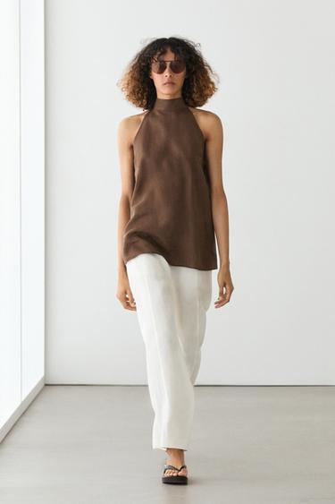 Zara 100% linen flowing halter top - Brown