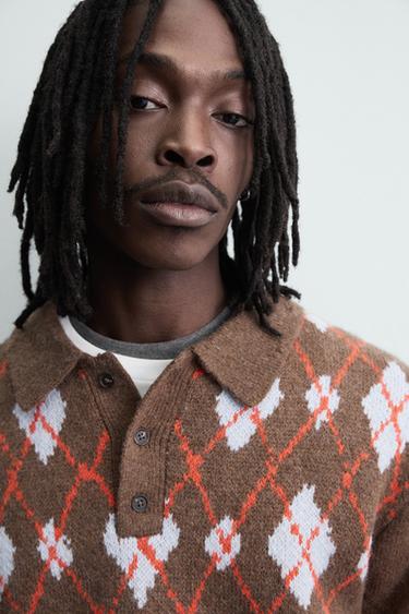 KNIT ARGYLE POLO SHIRT WITH RIPPED EFFECT - Brown by Zara - Image 4