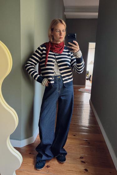 STRIPED CARDIGAN - Ecru / Blue by Zara