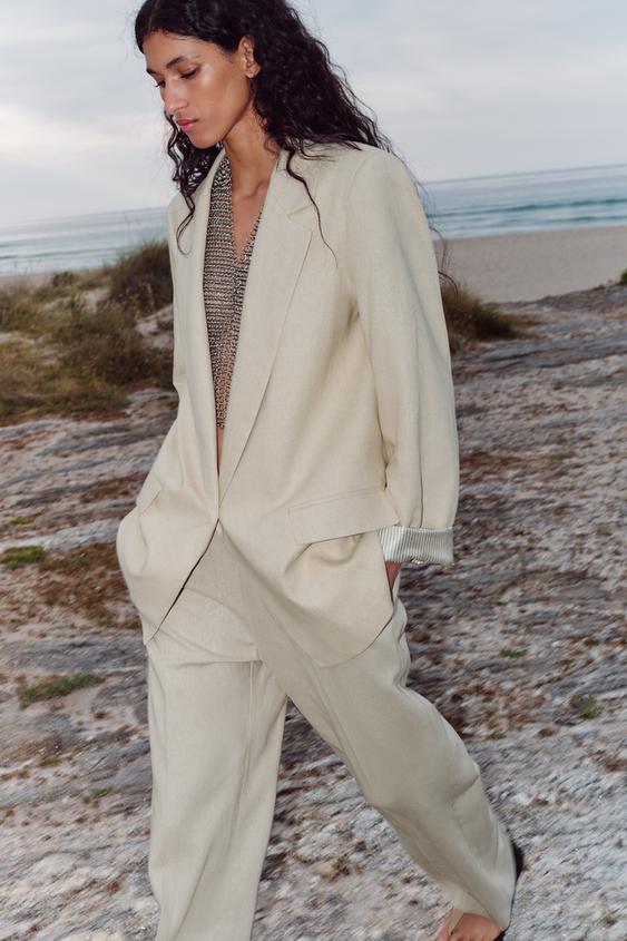 Veste Zara Zara Tailleur Beige BLAZER COSTUME 100 LIN Beige Clair