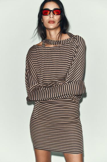 STRIPED BELTED TOP - Brown / Ecru by Zara