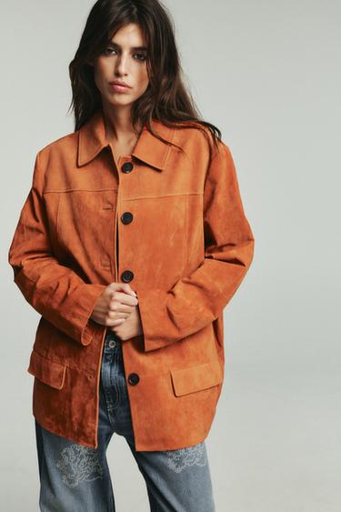 Zara 100% SUEDE LEATHER JACKET - Burnt orange