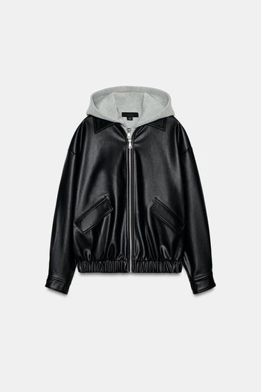 コントラストフェイクレザージャケットブラックZaraのコントラストフェイクレザージャケット - ブラック 