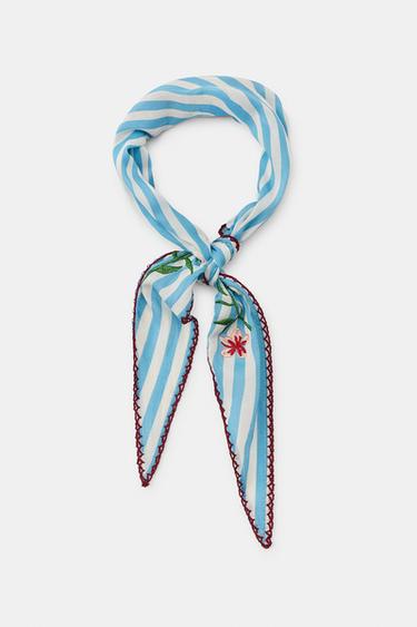 PAÑUELO BANDANA RAYAS BORDADOS FLORES - Azul de Zara