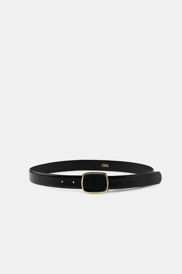CINTURÓN PIEL HEBILLA DORADA - Negro de Zara