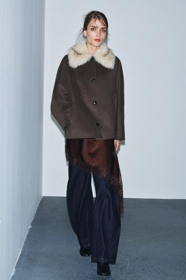 MANTEL KERAH BULU IMITASI DENGAN WOL ZW COLLECTION - Ecru / Beige dari Zara